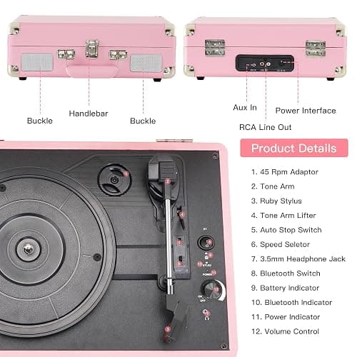 JORLAI Pink Vinyl Record Player 3 Speeds Portable Suitcase Turntable with Built-in Dual Speakers, Bluetooth Gramophone with Built-in Battery 3.5mm Aux Input/RCA Output thumbnail 5