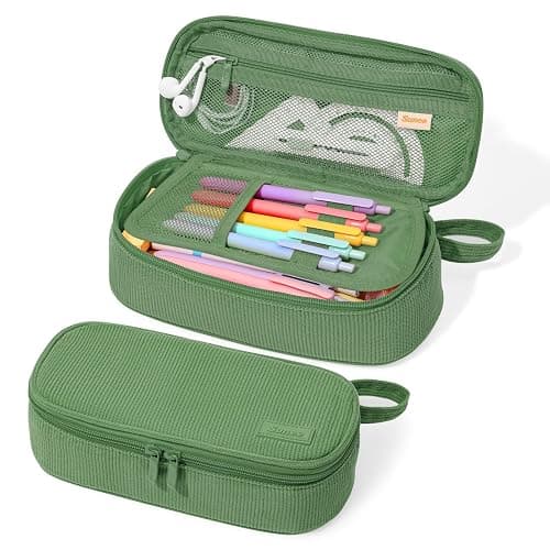 SUNEE Cute Pencil Case, Large Capacity Pencil Pouch, Soft Corduroy Pencil Bag, Big Storage Pen Organizer for Stationery, Aesthetic Zipper Pencil Box, Back to School Supplies for Teen Girls Boys, Green - Image 1