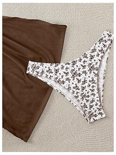 SHENHE Women's 3 Piece Floral Bikini Set with Wrap Coverup Halter Triangle Swimsuits - Medium - Dark Brown thumbnail 4