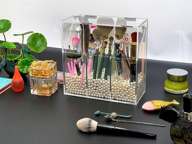 VASERDDY Acrylic Makeup Organizer,Clear Cosmetic Brush Storage Box With 3 Brush Holders,with Dust Cover, Large-capacity Split Design can Quickly Organize the Desktop (with3 bags of white pearls thumbnail 7