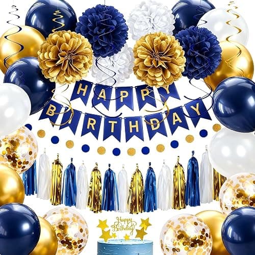 YGYXMY Birthday Decorations for Men, Navy Blue and Gold Party Decorations Set - Happy Birthday Banner, Balloons, Tissue Pompoms, Swirls, Tassels Garland - Image 1