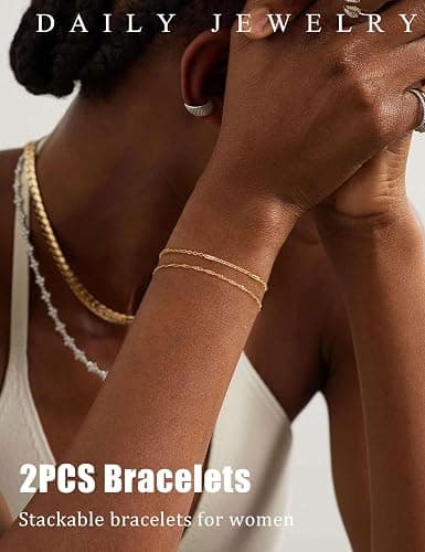 KOHOTA Silver Gold Bracelets for Women Trendy 14K Gold Plated Bracelet for Women Non Tarnish Dainty Stackable Layered Chain Heart Pearl Knot Beaded Bracelets Stack Set Charm Mothers Day Jewelry Gifts thumbnail 2