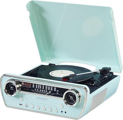 Crosley CR6047A-AB Powel 7-in-1 Bluetooth in/Out Vinyl Record Player with AM/FM Radio, CD Player, and Aux-in, Aqua Blue thumbnail 7