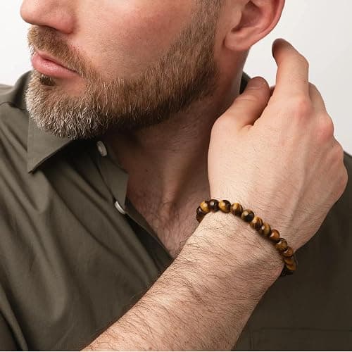 FIRAZIO Tiger Eye Bracelet For Men 8MM Natural Stone Stretch Adjustable Tree of life Leather Bracelets Mens Accessories Pulseras Para Hombres Crystal Beaded Bracelet for Men Women Gifts thumbnail 2