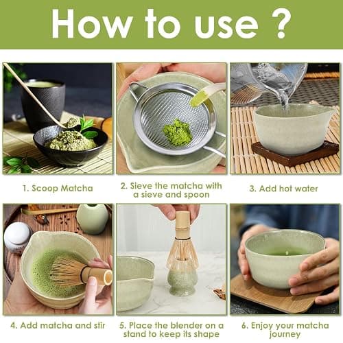 Matcha Besen 5-Teiliges Set Matcha Schneebesen mit Matcha Besen Halter Keramik Traditionelle Schaufel Matcha Whisk Set für Japanische Handarbeit (Dunkelgrün) thumbnail 7