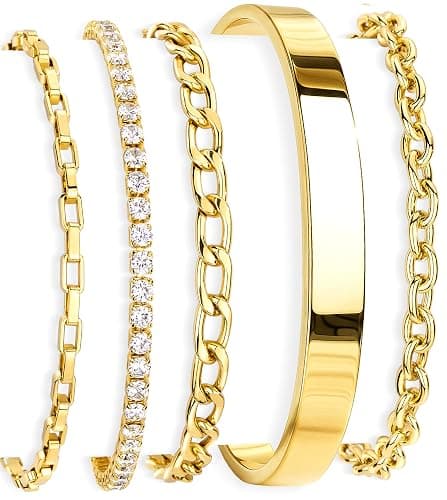 POXTEX 14K Gold Plated Bracelets for Women Waterproof, Non Tarnish Trendy Dainty Minimalist Stackable Jewelry Sets, Herringbone Cuban Paperclip Rope Bead Link Chain Stack Pack, Modern Fashion Accessories Gifts - Image 1
