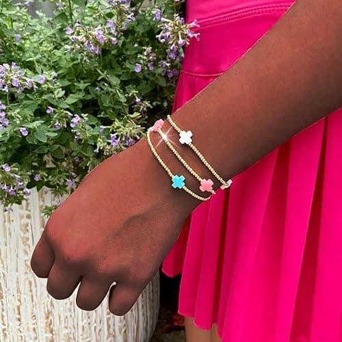 choice of all Gold Bracelets for Women Trendy Beaded Bracelet Non Tarnish Stack Cross Pearl Beaded Stretch Bracelets Jewelry Gifts for Women - B4:cross beaded bracelets-3pcs thumbnail 3
