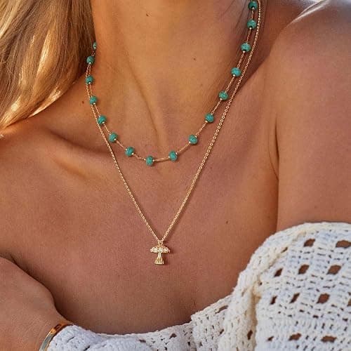 LADYGD Created Turquoise Beaded Choker Necklace for Women | 14K Gold Or Silver Plated Brass, Multiple Stone Shapes, 15-15.7 in Plus 2 in Extender, Summer Western Styling thumbnail 3