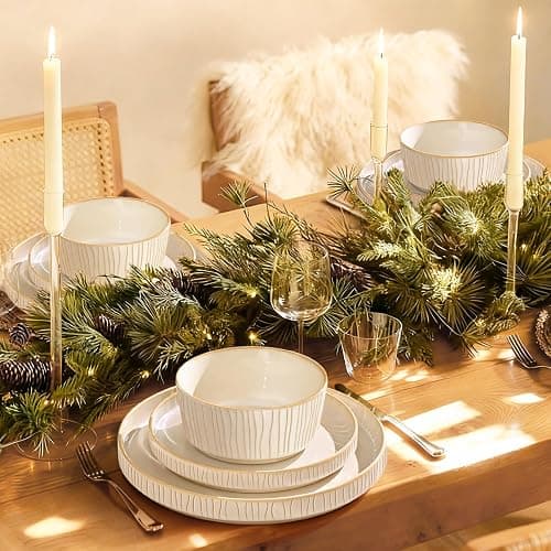 Feastly Stoneware Dinnerware Sets for 4, 12 Pcs Ribbed Reactive Glaze Ceramic Plates and Bowls Sets, Chip Resistant, Microwave Dishwasher Safe Dish Set, Housewarming Gifts, Cappuccino White thumbnail 2