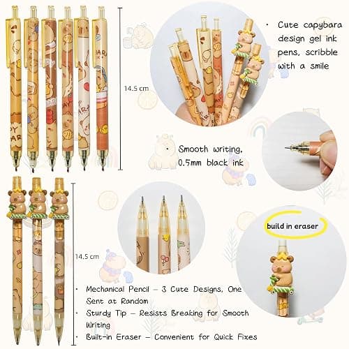 Joylio Capybara Stationery Set – Cute stationery set include capybara pencil case, gel ink pens (black ink), mechanical pencil, stickers, sticky notes and keyring for office school kids students thumbnail 4