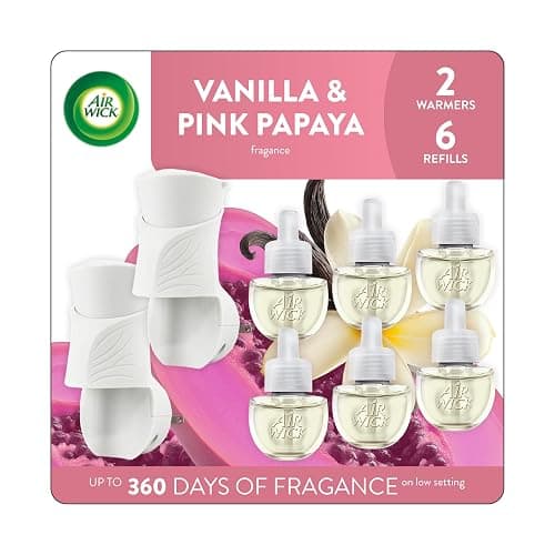 Air Wick Plug In Scented Oil Starter Kit, 2 Warmers + 6 Refills, Vanilla & Pink Papaya, Essential Oils, Air Freshener - Vanilla and Pink Papaya - Image 1