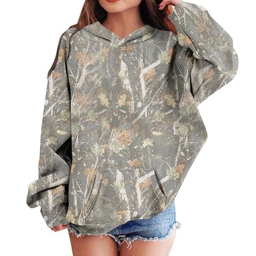 Camo Hoodie Kids Cute Hoodies Maple Leaf Print Oversized Drop Shoulder Fleece Hooded Sweatshirt Pullover With Pocket - Image 1