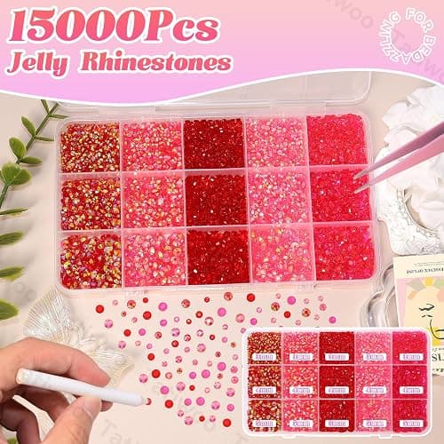 15000Pcs Red Resin Jelly Rhinestones for Bedazzling, Mixed Size 3/4/5 mm Flatback Gems for Crafting, Red Jelly Rhinestones Bedazzler Kit for Book Crafts Clothing Shoes Nail Art Makeup thumbnail 3