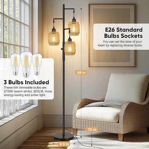 ROTTOGOON Dimmable Boho Floor Lamp - 3 Light Farmhouse Rattan Floor Lamp for Living Room, Industrial Tree Floor Lamps with 3 X 6W LED Bulbs, Rustic Standing Tall Lamp for Bedroom, Office, 68", Black thumbnail 3