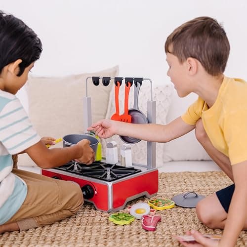 Melissa & Doug 19-Piece Deluxe Wooden Cooktop Set with Wooden Play Food, Durable Pot and Pan thumbnail 5