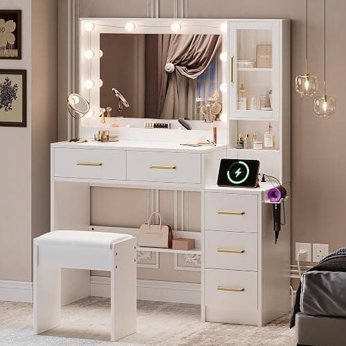 TOKSOM Makeup Vanity with Lights & Charging Station, White Vanity Table with 5 Drawers & Open Storage Shelves, Bedroom Makeup Dressing Table Set for Women Girls thumbnail 4