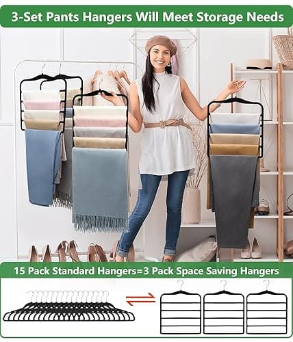 Closet Organizers and Storage,3 Pack Organization and Storage Pants-Hangers-Space-Saving,Velvet Hanger for Dorm Room for College Students Girls Boys Guys Hanging Jean Scarf - Black - Large thumbnail 3