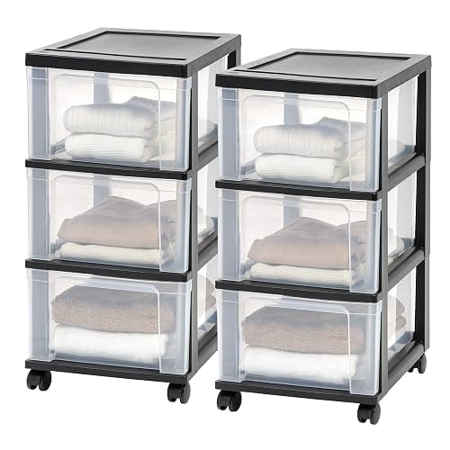 IRIS USA Plastic 3-Drawer Storage Organizer Rolling Cart, with Wheels Casters, 2-Pack, for Classroom Art Supplies Dresser Closet Bathroom Dorm Bedroom Laundry Room, Slim Narrow, Black/Clear - 3 Drawer w/Wheels - Black - Image 1