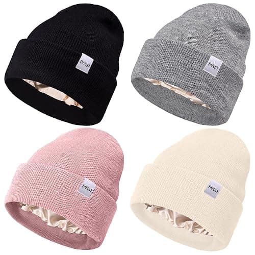 FEQO 4 Pack Satin Lined Winter Beanie Hats Soft Silk Lined Beanies | Knit Cuffed Beanies Warm Winter Beanies, Soft Knit Caps with Satin Lined Ski Hats, Cozy Cuffed Skull Caps for Men and Women - Image 1