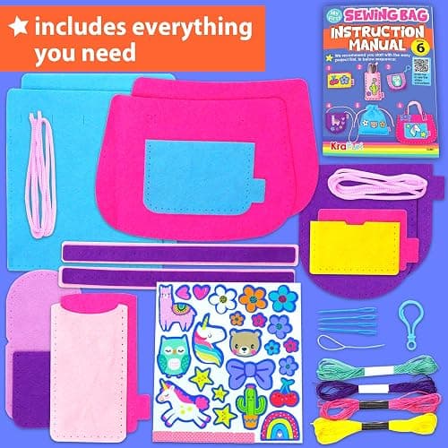 KRAFUN My First Sewing Bag Kit Arts & Crafts for Beginner Kids, 6 Easy DIY Sewing Handbag Pouch Sleeve Projects of Animal Theme, Instructions Learn to Sew & Felt Embroidery, Gift for Girls & Boys thumbnail 2