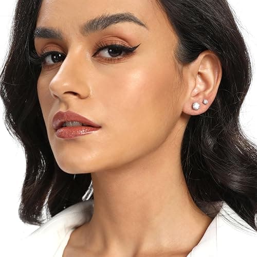 MDFUN Titanium Stud Earrings Set Hypoallergenic Cubic Zirconia Round Surgical Stainless Steel 4 Prong Stud Earring Jewelry for Women Men 3-8mm thumbnail 3