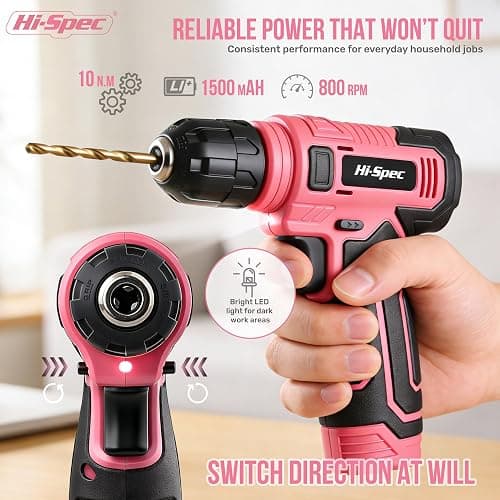 Hi-Spec 8V Cordless Drill Set & Tool Kit for Women – Ladies Complete Rechargeable Electric Power Drill Driver with Starter Tools, Compact Hand Toolbox, Pink, Ideal for Home Projects thumbnail 3