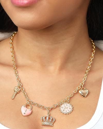 Juicy Couture Charm Necklace for Women, 16-18"+2" Gold-Tone Necklace Juicy Logo Charms with Pink Enamel and Clear Crystals thumbnail 2