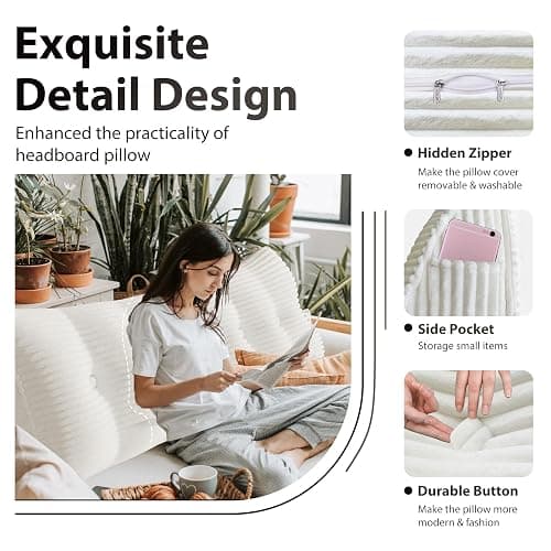 Daneey Headboard Pillow Twin, Triangular Wedge Headboard Pillow with Soft Corduroy Fabric, Wedge Bed Backrest Pillow for Sitting Up, Reading or Working, Long Bolster Pillow with Removable Cover, White thumbnail 5