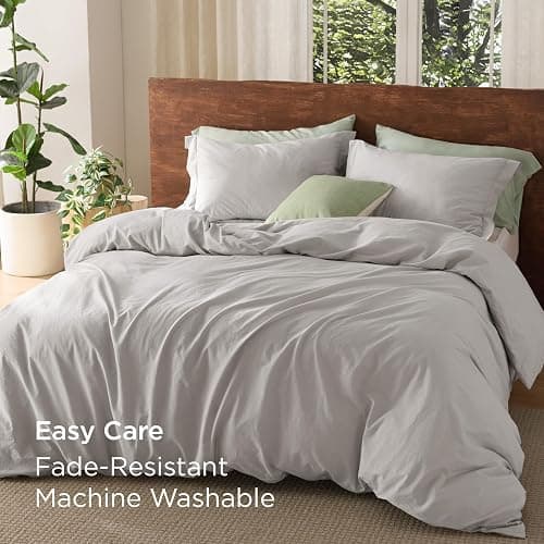 Bedsure 100% Washed Cotton Duvet Cover Queen Size - Light Grey Minimalist Cotton Duvet Cover Linen Like for All Seasons - GentleSoft™ Plain Simple Bedding (Queen, 90"x90") thumbnail 9