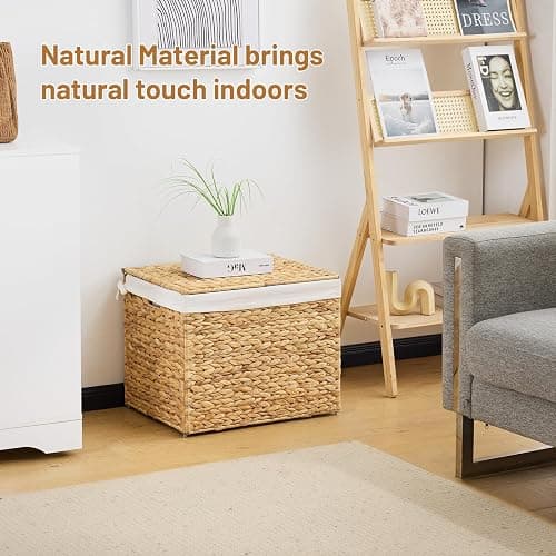 Water Hyacinth Storage Basket with Lid, 21.1 Gallon (80L) Wicker Shelf Basket with Removable Liner, Wicker Storage Basket for Blanket, for Livingroom, Bedroom, Natural thumbnail 5