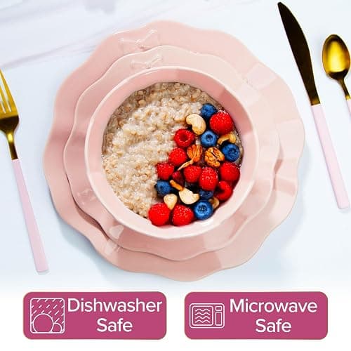 Paris Hilton 12-Piece Dinnerware Set, Embossed Bow Design, Iconic Ceramic Stoneware Service for 4 with Dinner Plates, Salad Plates, and Bowls, Microwave & Dishwasher Safe, Pink thumbnail 3