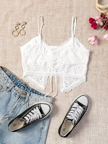 SweatyRocks Women's Casual Hollow Out Tie Front Cami Top Lace Trim Slim Fit Crop Tops - Medium - White thumbnail 2