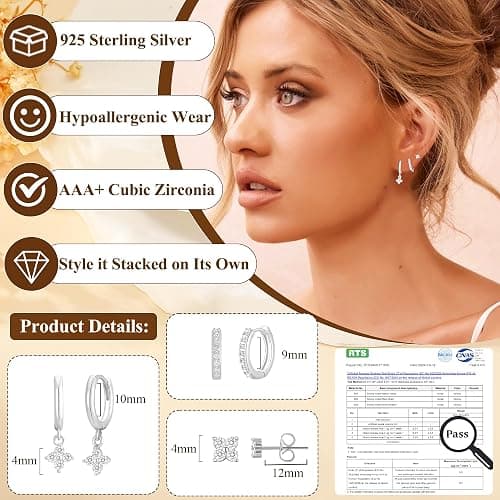 AVOTTO Earrings Gifts 3 Pairs Sterling Silver Stud Hoops Earrings for Women Hypoallergenic 14K Gold Hoop Stud Earrings Small Silver Huggie Hoop Earring Set for Multiple Piercings thumbnail 2