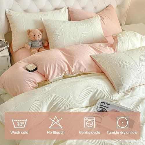 Double Duvet Cover Set White Pink Textured Quilt Bedding Set, Four-Leaf Clover Flower Pattern 3 Pieces Reversible Duvet Cover for All Season thumbnail 7