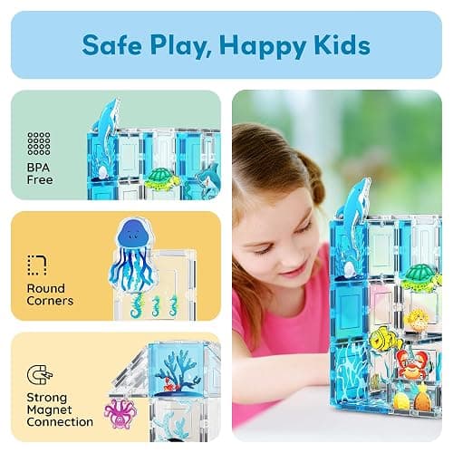 PicassoTiles Magnet Tiles Magnetic Building Blocks Aquarium Marine Animal Theme Set with 8 Character Action Figures Shark Crab Turtle STEM Toys Construction Preschool Toddlers Kids Boys Girls 3+ PTQ15 thumbnail 7