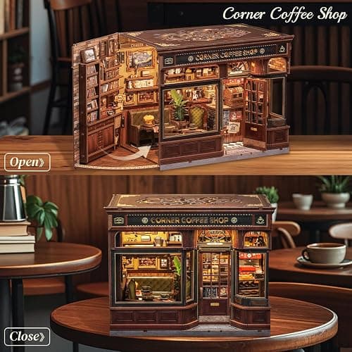 CUTEBEE Book Nook Kit - DIY Miniature House Coffee Shop Dollhouse Kit for Adults, Booknook Tiny House Bookshelf Decor 3D Wooden Puzzle, Gifts for Family, Friends (Corner Coffee Shop) thumbnail 4