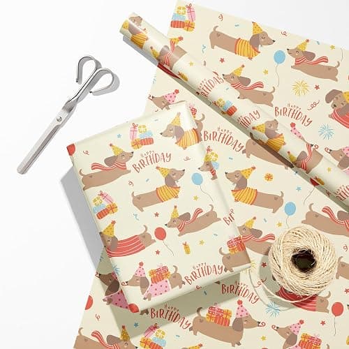 Dtiafu Dog Birthday Wrapping Paper Roll - Dachshund Dog Balloon and Happy Birthday Text Design for Kids Boys Girls Birthday Dogs Lover Party Total 28.5 sq.ft thumbnail 3