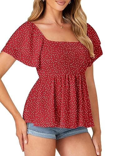 LYANER Women’s Square Neck Smocked Peplum Top Ruffle Short Sleeve Babydoll Shirred Blouse thumbnail 5