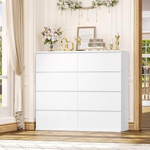 FINETONES 8 Drawer Dresser for Bedroom, White Dresser Double Chest of Drawers, Modern Wood Dressers with Deep Drawers for Living Room,White thumbnail 3