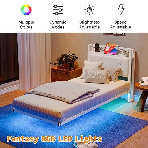 HAHRIR Single Floating Metal Bed Frame with LED Lights & USB Charging Station, 90×190cm Metal Platform Bed Frame with 3ft Upholstered Headboard Storage,Heavy Duty Metal Slats, Noise Free/White thumbnail 4