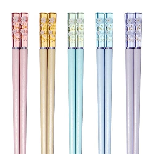 HELERKOL 5 Pairs Fiberglass Chopsticks - Amber Cherry Blossom Pattern, Multicolor - Japanese & Korean Chopsticks - Reusable, Dishwasher Safe - Yellow, Pink, Blue, Green, Purple - Image 1