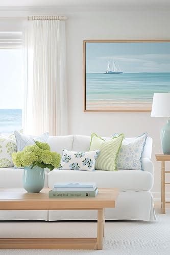 Hofdeco Premium Coastal Patio Indoor Outdoor Scalloped Throw Pillow Cover Only, 20"x20" Water Repellent for Backyard, Couch, Green Print Stripes thumbnail 3