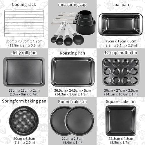 17 PCS Bakeware Set Carbon Steel Non-Stick Baking Pan Set with Sheet, Muffin, Loaf Tin, Square Cake, Deep Pan, Springform, Measuring Cups, Cooling Rack thumbnail 3