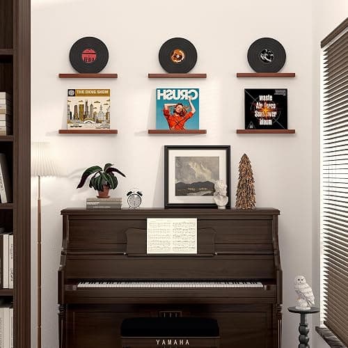 Heimlove 6 Pack Solid Wood Vinyl Record Wall Mount Shelves, Rustic Brown 12 Inch Vinyl Holder for Album Record Storage & Display, Floating Shelves for Wall Decor, Kids Bookshelf, Magazine Rack - 6 Pack - Solid Pine Wood(brown) thumbnail 6