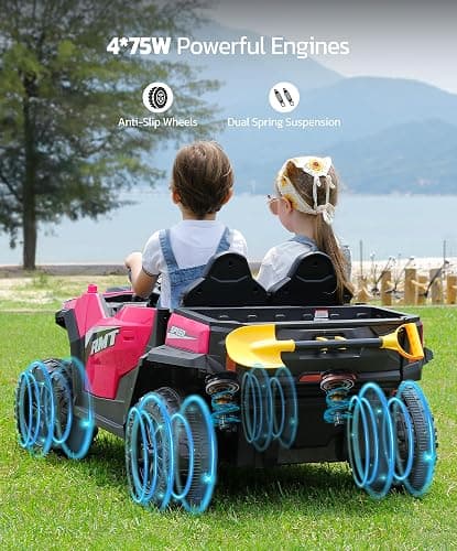 ELEMARA 24V Ride on Toy for Big Kid,Ride on Car 2 Seater w/Sun Shade,Dump Bed & Shovel,4.5MPH,4WD Electric Car for Kids,Battery Car w/Remote,Kids Ride on Truck,3 Speeds,LED Lights,Bluetooth, Hot Pink thumbnail 6