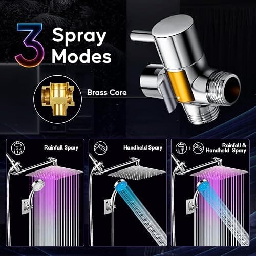 LED Shower Head with High Pressure 10'' Rain Shower Head, 11'' Adjustable Extension Arm, Color Changing Based On Water Temperature, Stainless Steel, 60'' Hose, Chrome - Chrome thumbnail 7