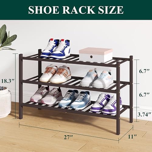 Smiry Bamboo Shoe Rack for Closet, 3 Tier Wooden Stackable Shoe Organizer, Free Standing Shoes Storage Shelf for Entryway, Front Door Entrance, Brown thumbnail 2