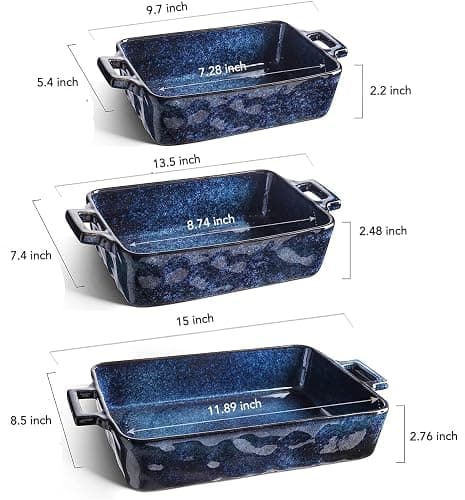 VICRAYS Ceramic Bakeware Set, Porcelain Rectangular Lasagna Pans Casserole Dish Set for Baking, Cooking, Kitchen, Cake Dinner, Banquet and Daily Use, 3 PCS, 15 x 8.5 Inches(Blue) thumbnail 3