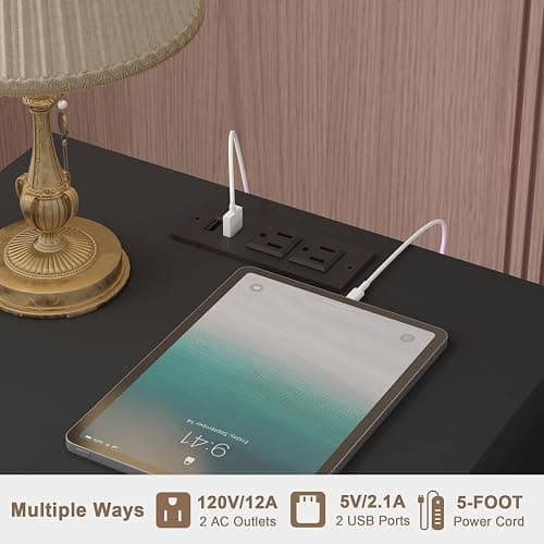 Modern Nightstand with Charging Station and LED Lights, Black Nightstand with Drawer, Fluted Nightstand for Living Room, Bedroom thumbnail 8