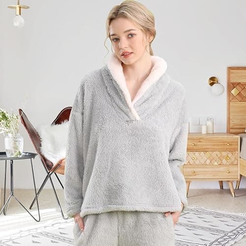 BOSECETA Fluffy Pajamas for Women Set Soft Comfy Fleece Pjs Pullover Pants Loose Plush 2 Piece Sleepwear Fuzzy for Winter thumbnail 2